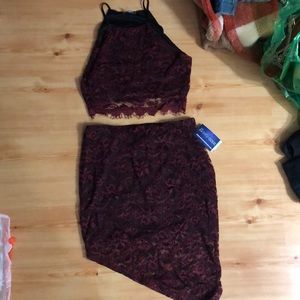 Maroon lace tank top and skirt set